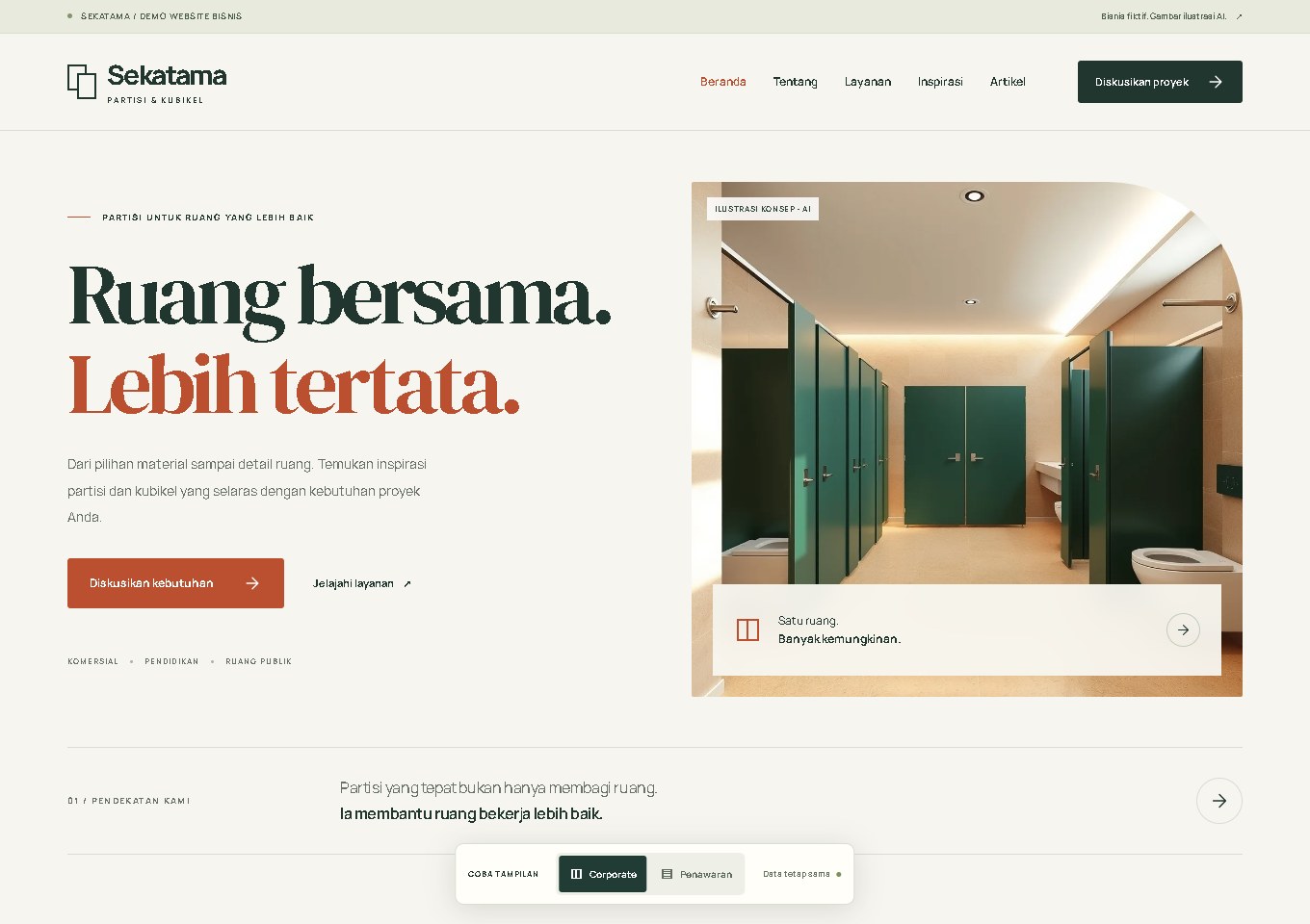 Demo Sekatama dengan profil layanan partisi, gambar produk dan tombol kontak